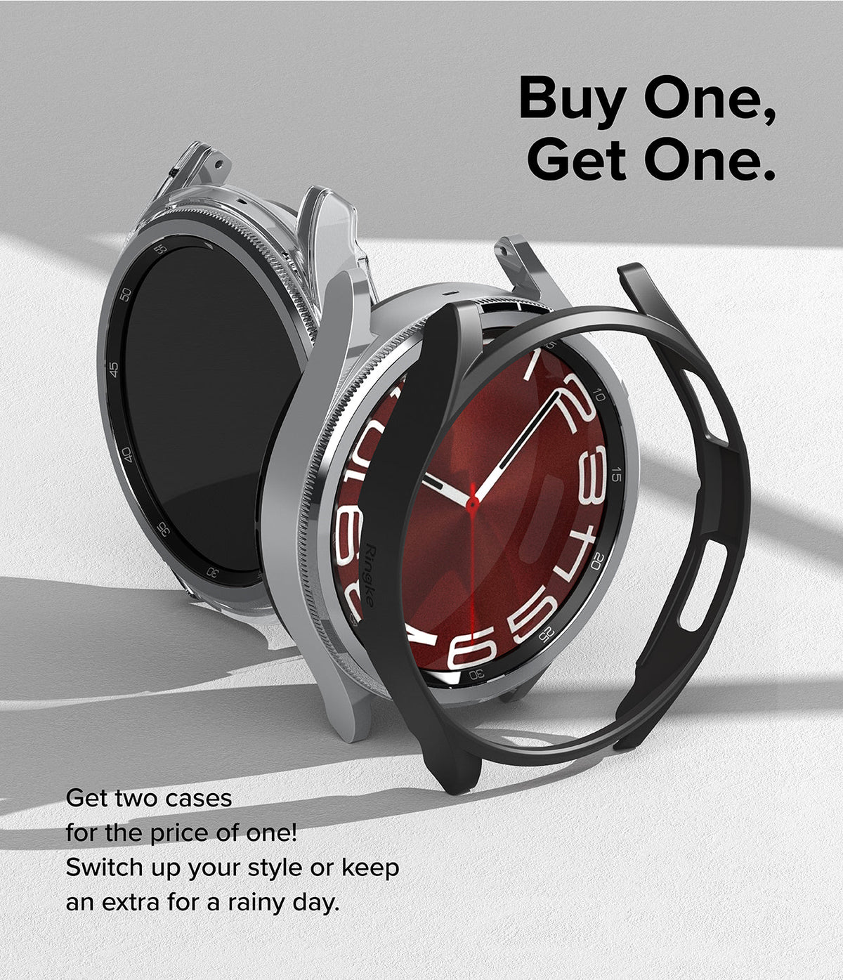 Galaxy Watch 6 Classic 43mm Case | Slim - Two Galaxy Watch 6 Classic cases, one clear and one black, displayed on a white surface.