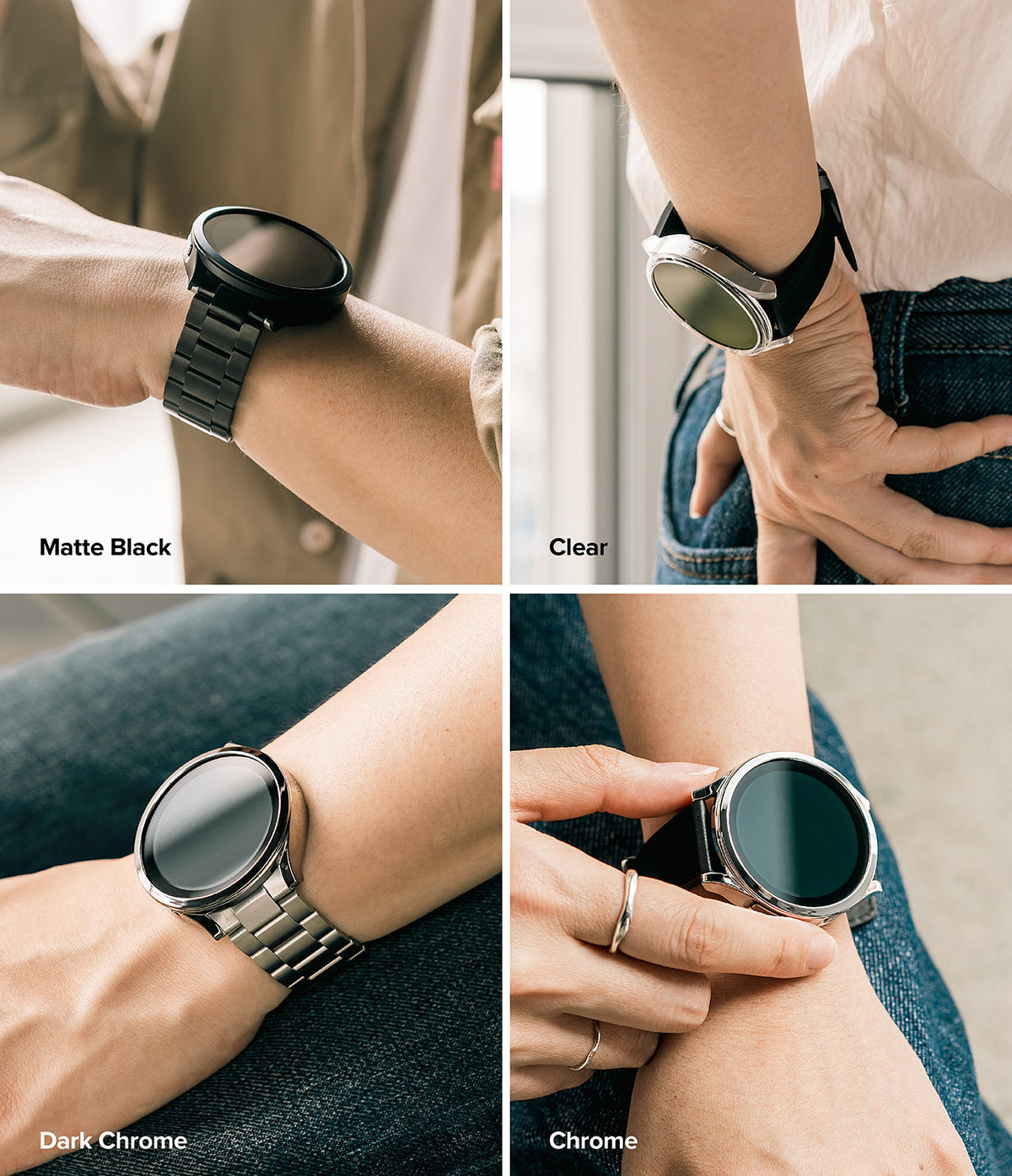 Galaxy Watch 6 Classic 43mm Case | Slim - Four views of a smartwatch wearing matte black, clear, dark chrome, and chrome cases.