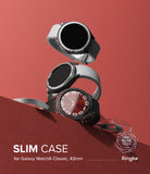 Galaxy Watch 6 Classic 43mm Case | Slim - Three Galaxy Watch 6 Classic units stacked on a red surface with a clear protective case.