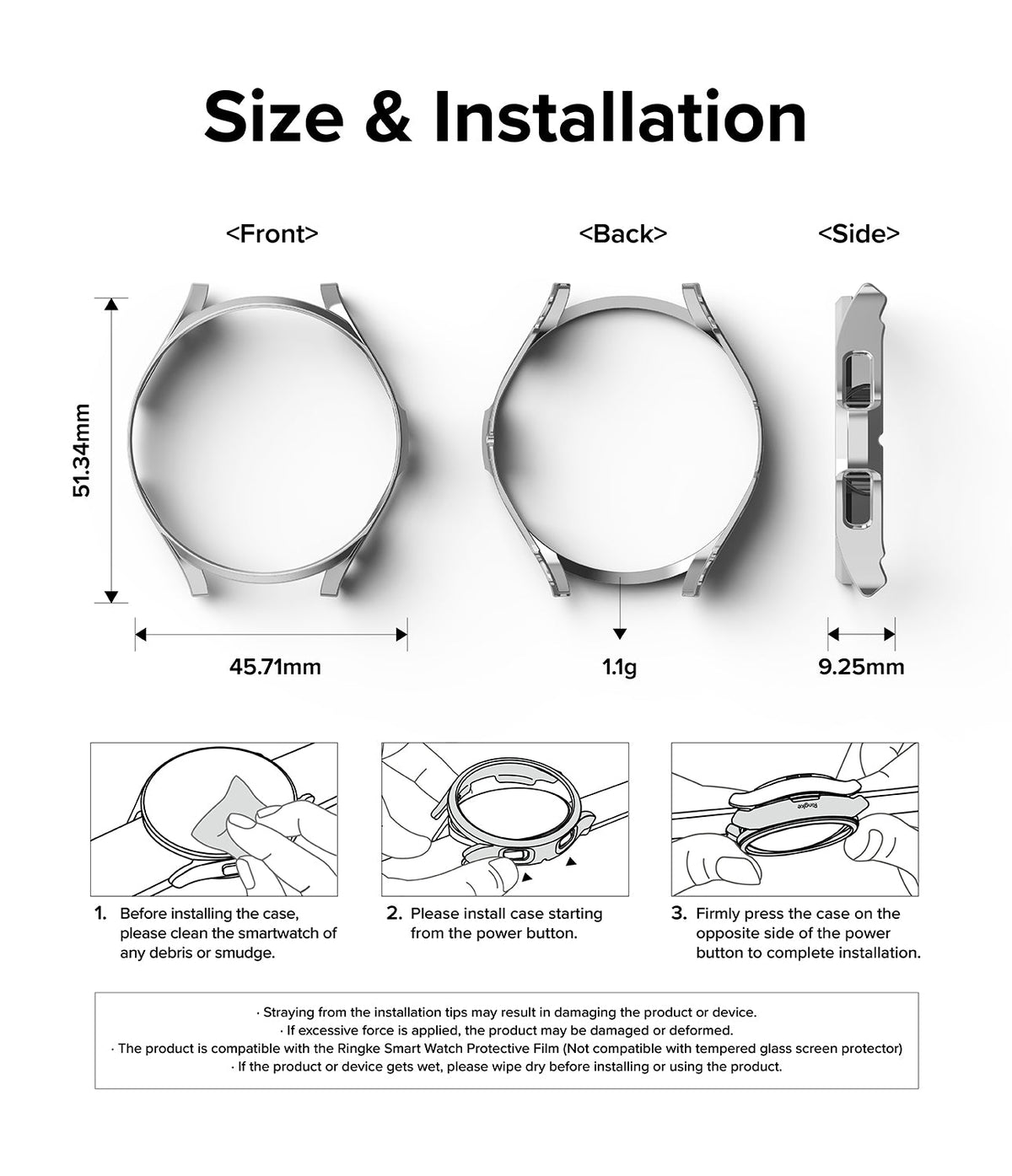 Galaxy Watch 6 Classic 43mm Case | Slim - Technical diagram showing dimensions, weight, and installation steps for the case.