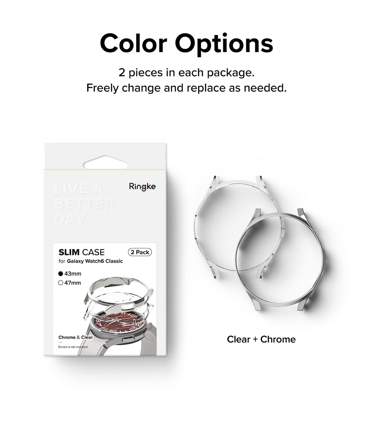 Galaxy Watch 6 Classic 43mm Case | Slim - Retail packaging next to two slim watch cases in clear and chrome finishes.