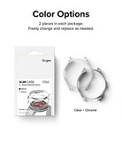 Galaxy Watch 6 Classic 43mm Case | Slim - Retail packaging next to two slim watch cases in clear and chrome finishes.