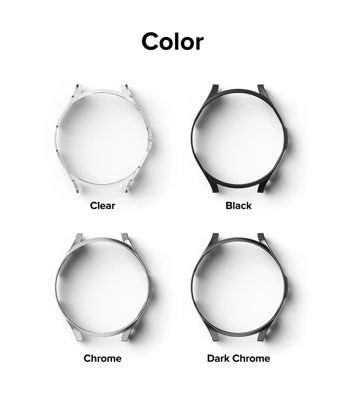 Galaxy Watch 6 Classic 43mm Case | Slim - Four watch cases in clear, black, chrome, and dark chrome colors on white.