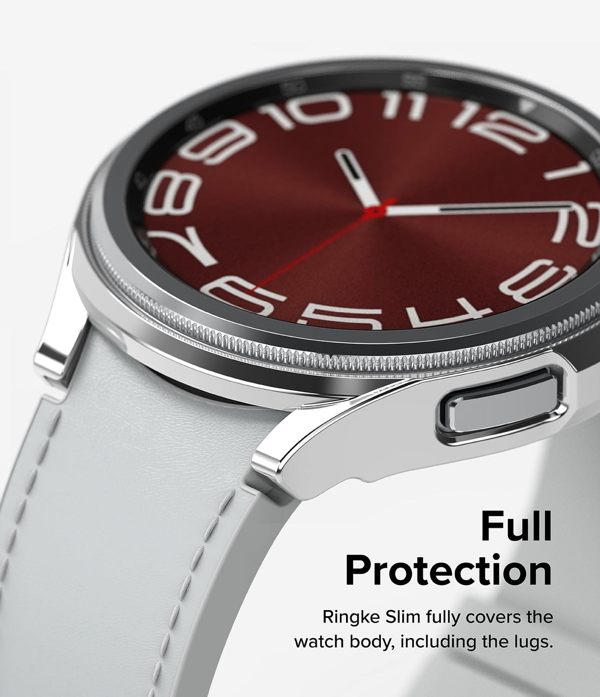 Galaxy Watch 6 Classic 43mm Case | Slim - Close-up of a silver protective case on a smartwatch with a red dial and white strap.