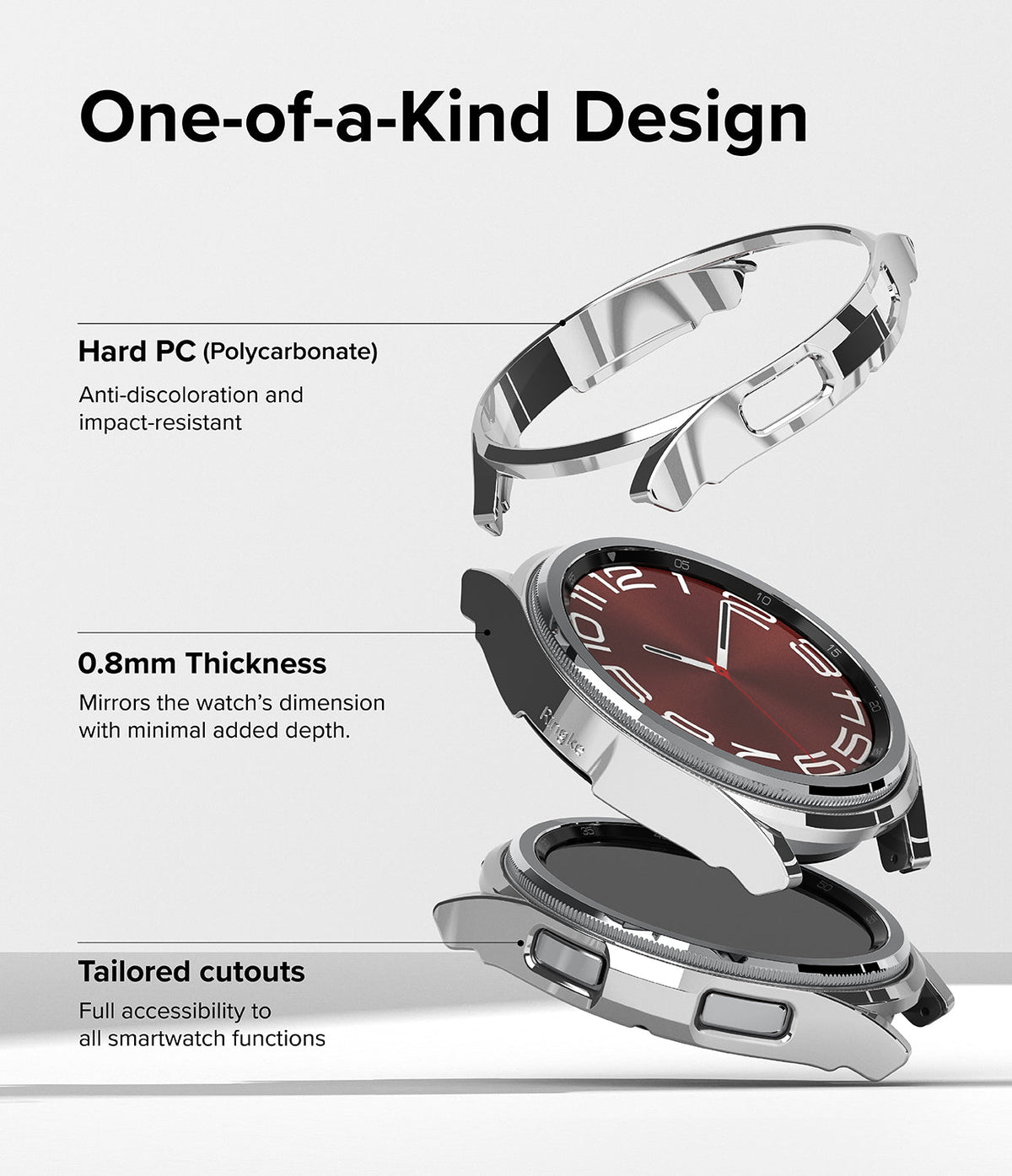 Galaxy Watch 6 Classic 43mm Case | Slim - Exploded view of a silver watch case showing polycarbonate material and cutouts.
