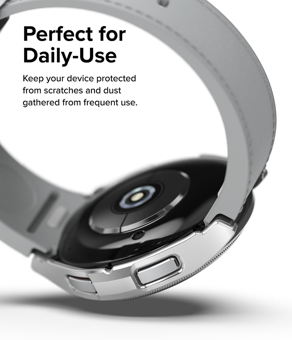 Galaxy Watch 6 Classic 43mm Case | Slim - Silver protective watch case on a Galaxy Watch 6 with a light gray band.