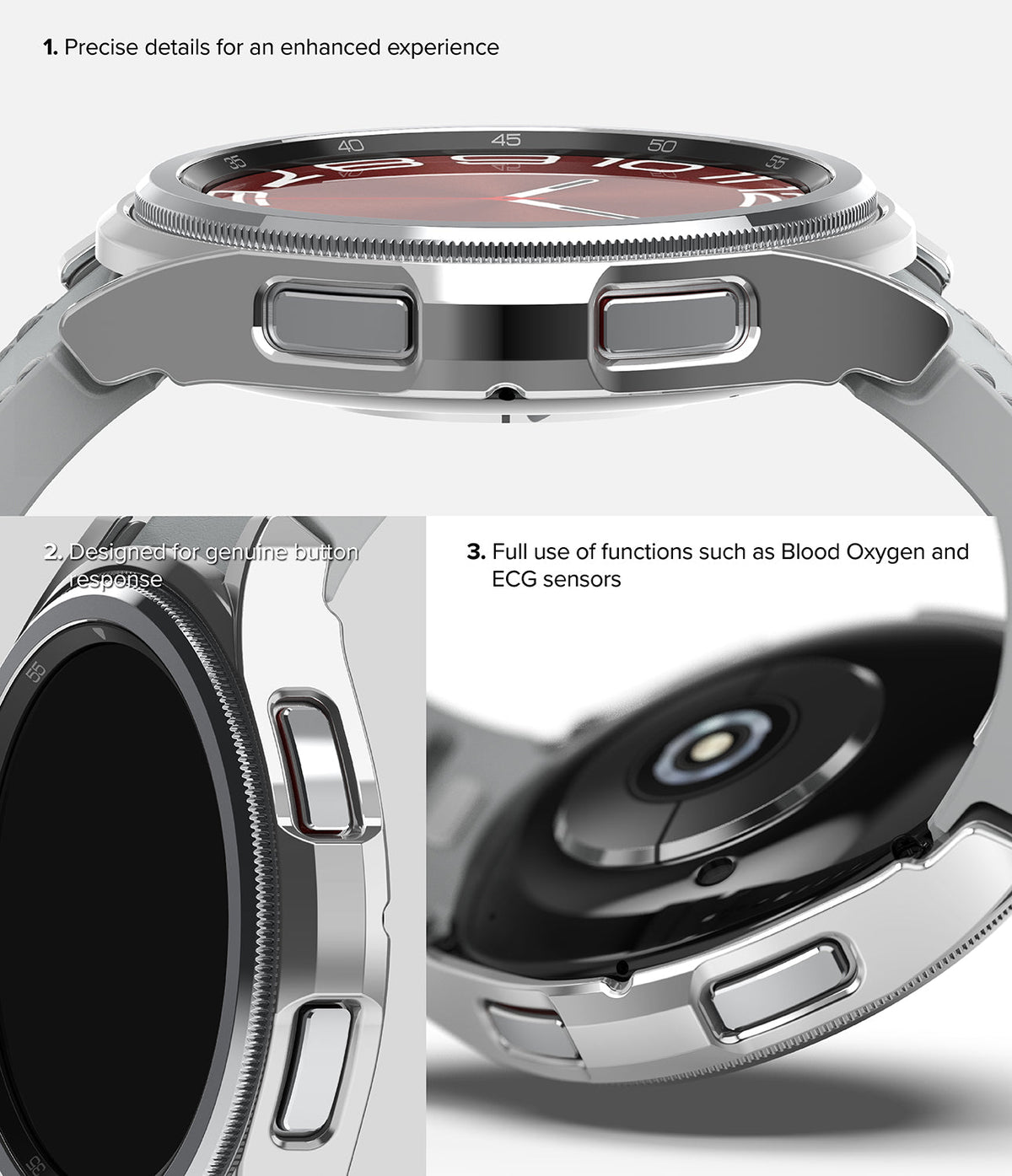 Galaxy Watch 6 Classic 43mm Case | Slim - Close-up views of a silver watch case highlighting button access and sensors.