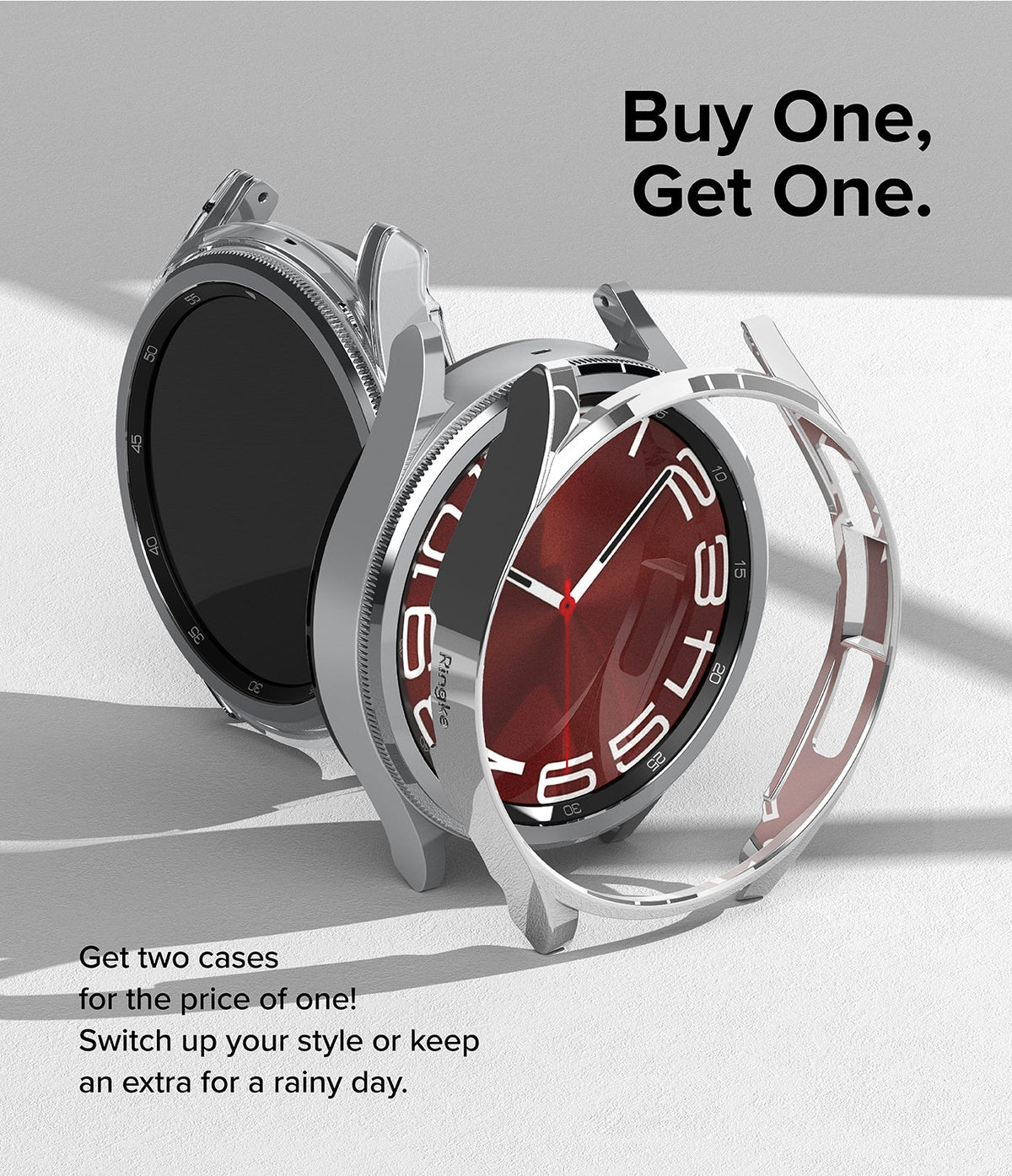 Galaxy Watch 6 Classic 43mm Case | Slim - Two silver protective watch cases displayed with a smartwatch on a white surface.