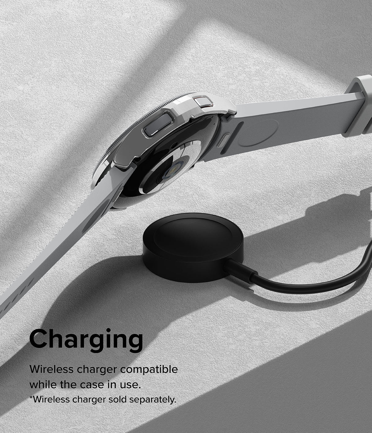 Galaxy Watch 6 Classic 43mm Case | Slim - Smartwatch with protective case hovering above a wireless charging puck.