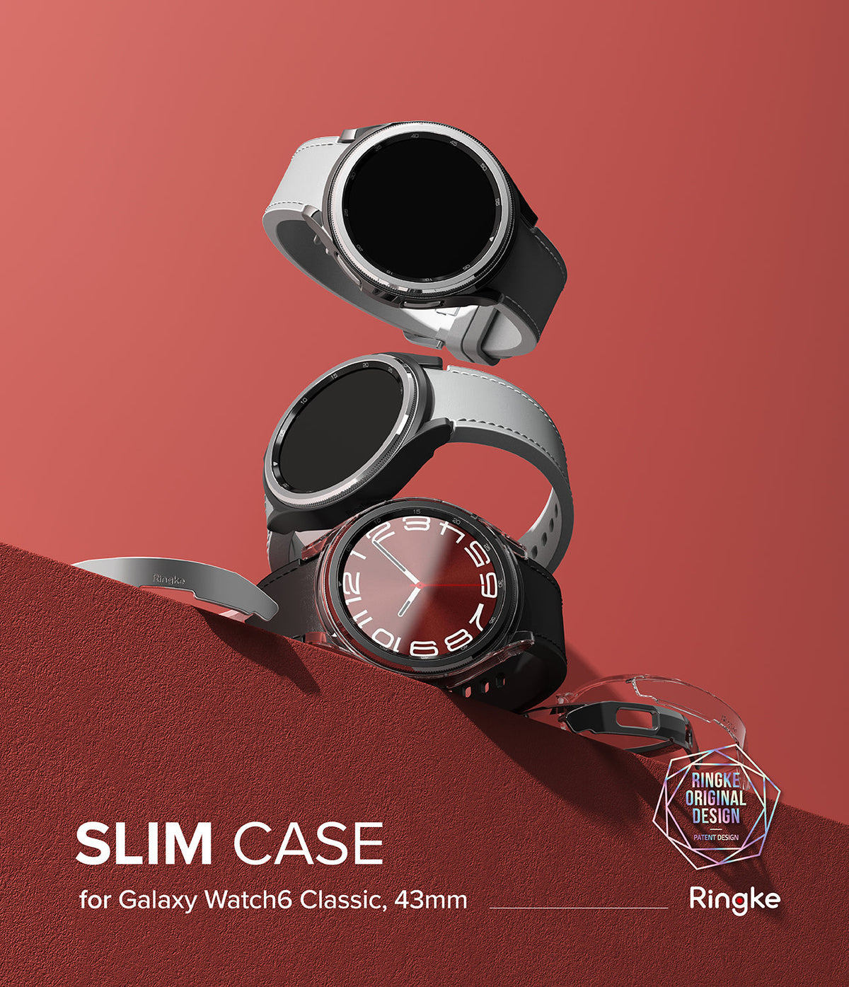Galaxy Watch 6 Classic 43mm Case | Slim - Three Galaxy Watch 6 Classic smartwatches stacked on a red surface with a clear case.