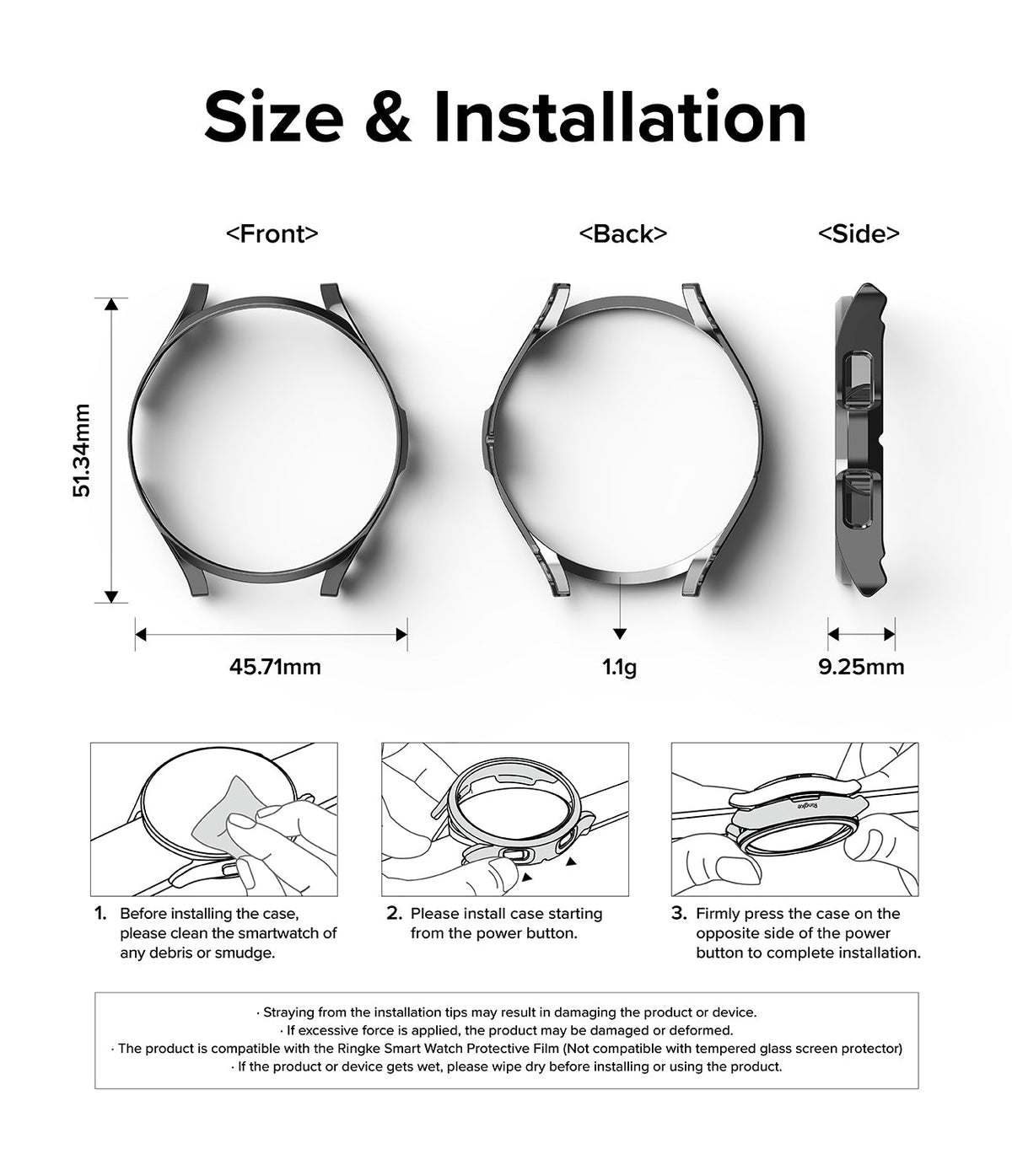 Galaxy Watch 6 Classic 43mm Case | Slim - Technical diagram showing dimensions, weight, and three-step installation guide.