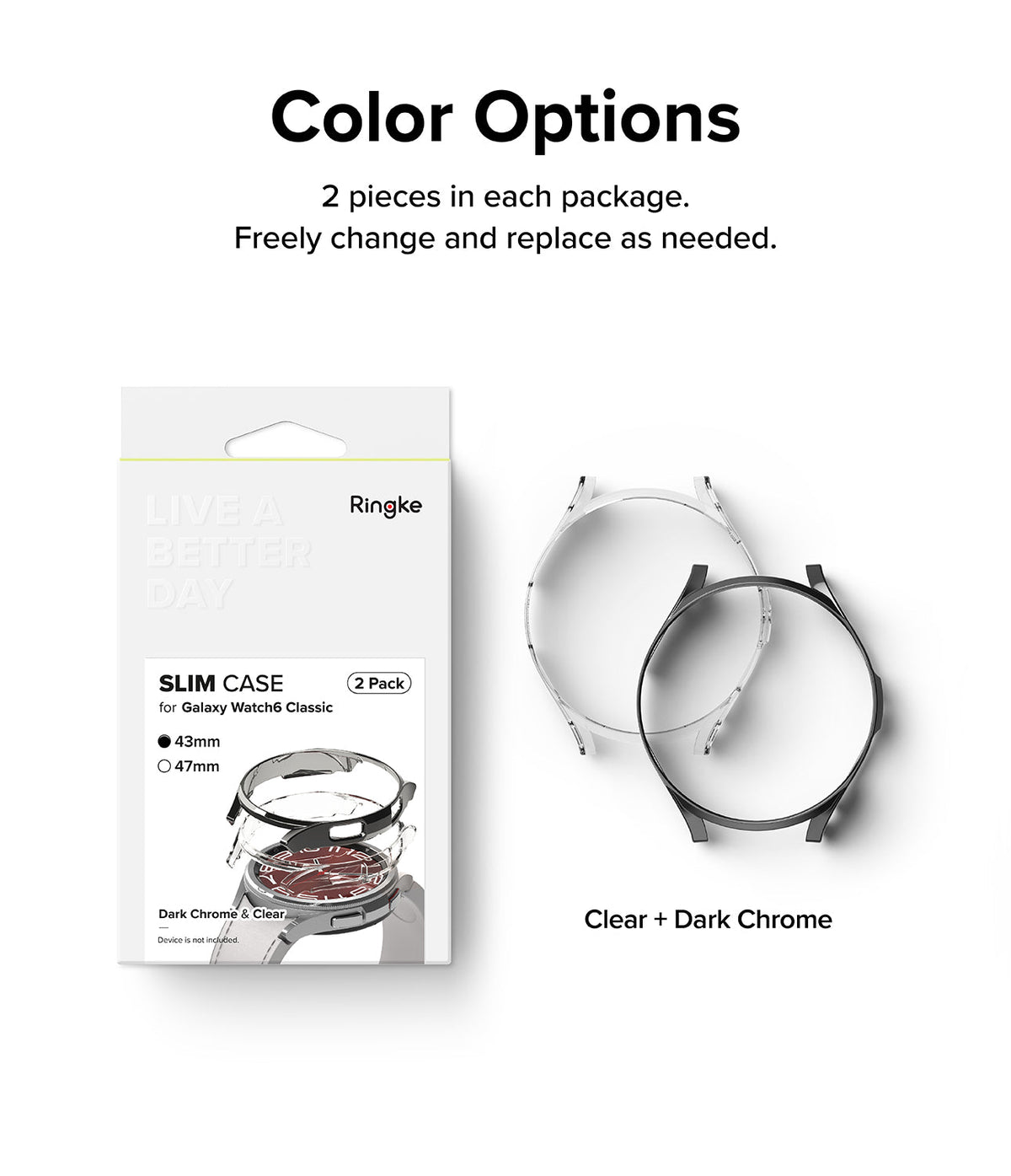 Galaxy Watch 6 Classic 43mm Case | Slim - Retail packaging and two slim watch cases in clear and dark chrome finishes.
