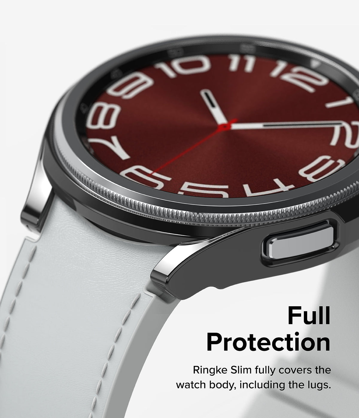 Galaxy Watch 6 Classic 43mm Case | Slim - Close-up of a black protective watch case on a silver smartwatch with white band.