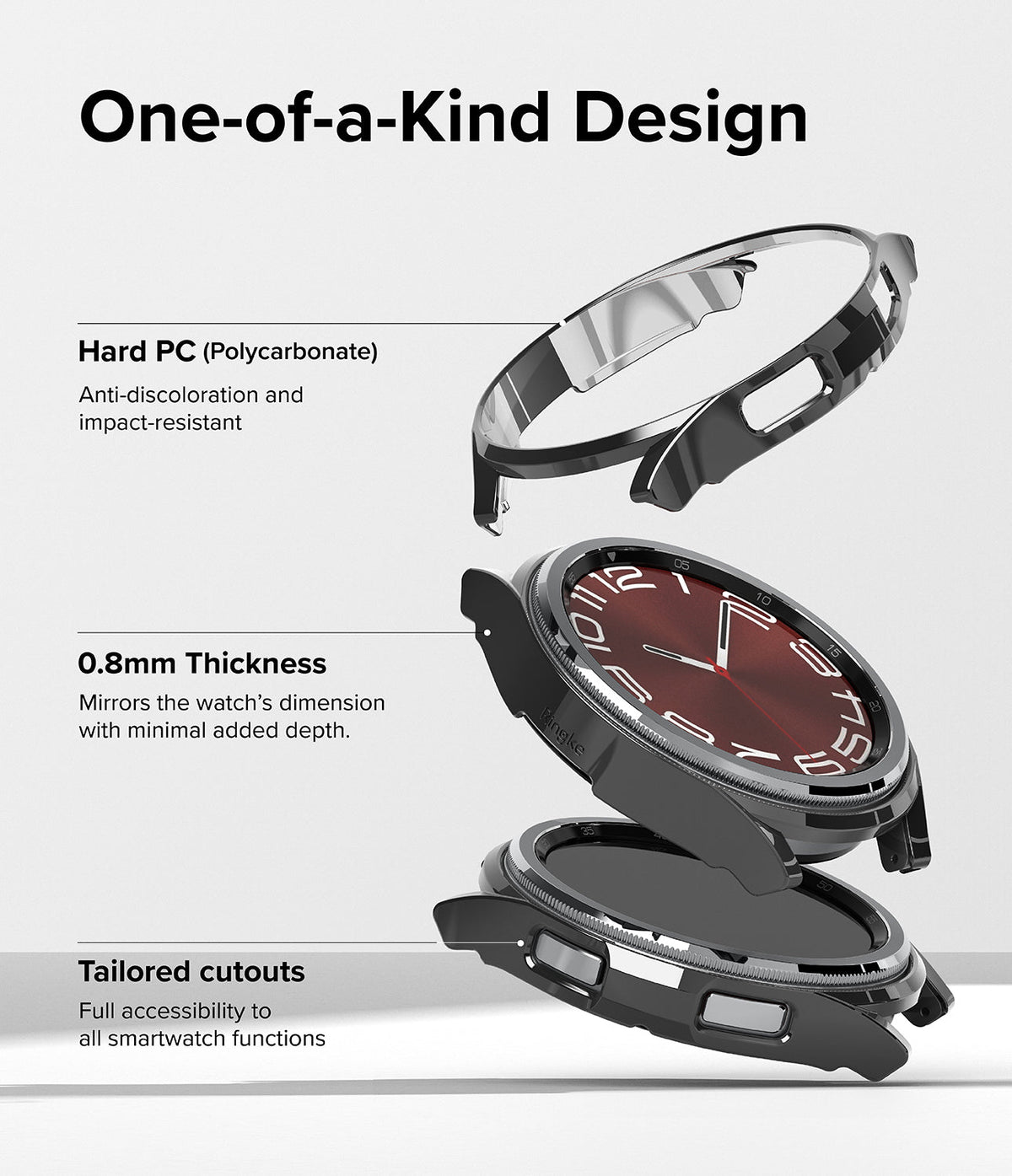 Galaxy Watch 6 Classic 43mm Case | Slim - Exploded view of a slim black watch case highlighting material and design.
