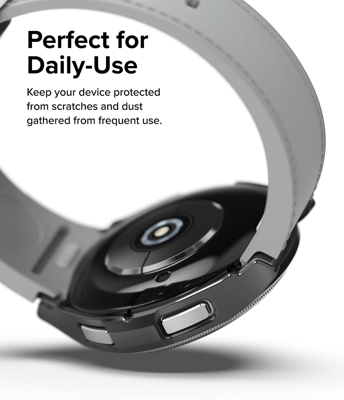 Galaxy Watch 6 Classic 43mm Case | Slim - Black protective watch case on a Galaxy Watch 6 with a light grey strap.