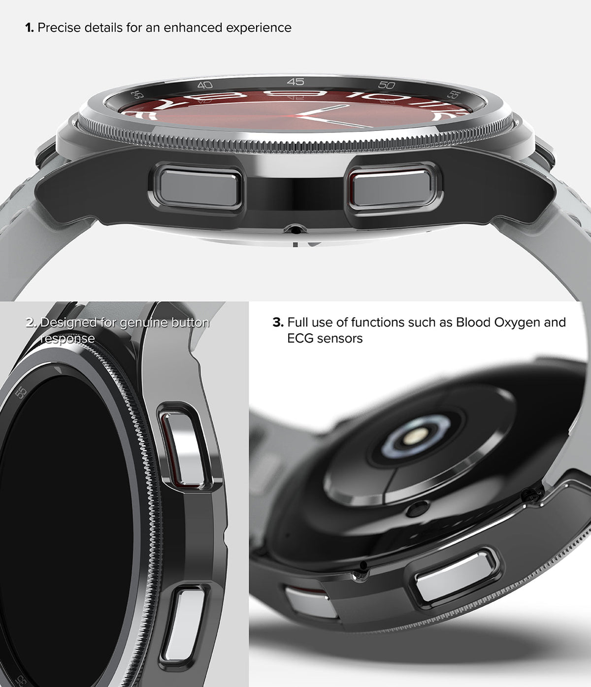 Galaxy Watch 6 Classic 43mm Case | Slim - Close-up views of a slim black watch case highlighting button access and sensors.