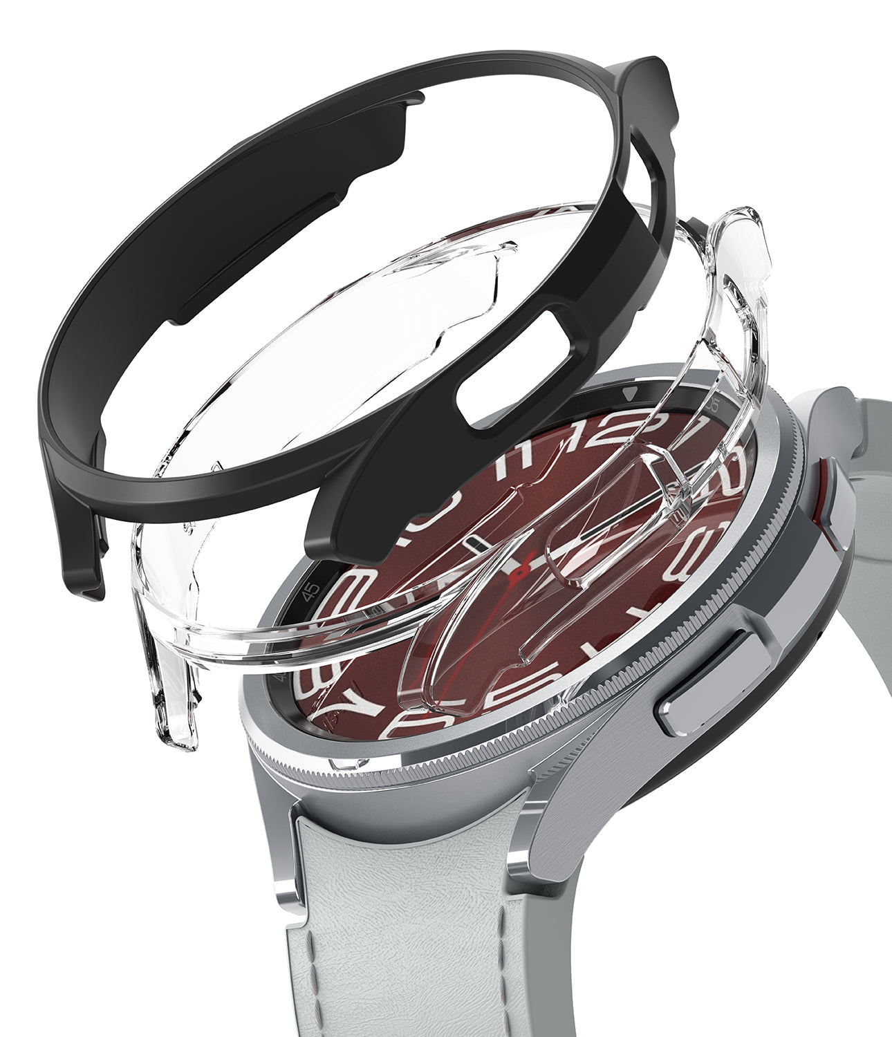 Galaxy Watch 6 Classic 43mm Case | Slim - Exploded view of a black and clear protective case hovering over a smartwatch.