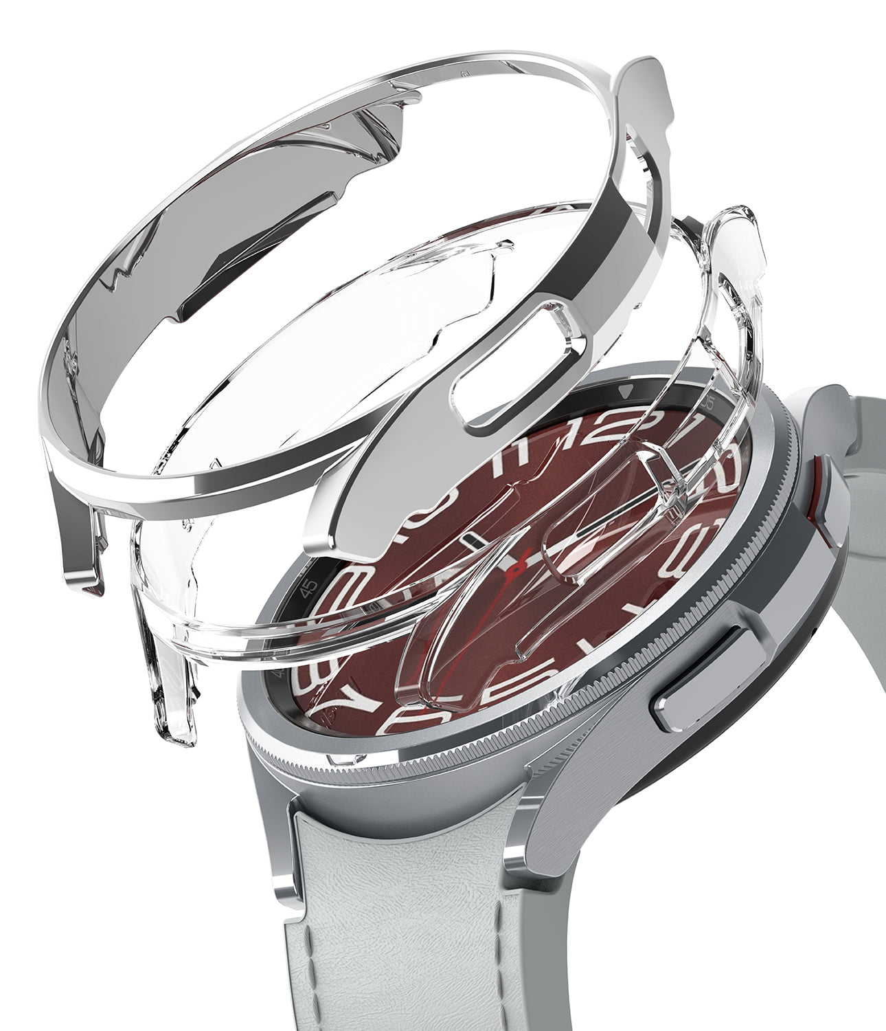 Galaxy Watch 6 Classic 43mm Case | Slim - A transparent protective case hovering above a silver smartwatch with a red face.