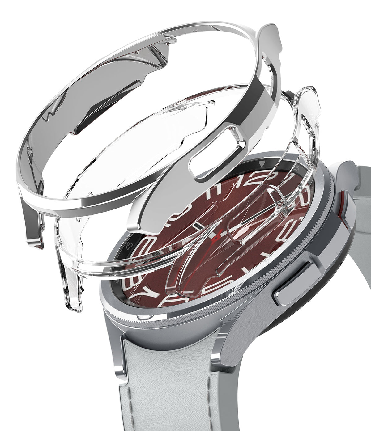 Galaxy Watch 6 Classic 43mm Case | Slim - A transparent protective case hovering above a silver smartwatch with a red face.