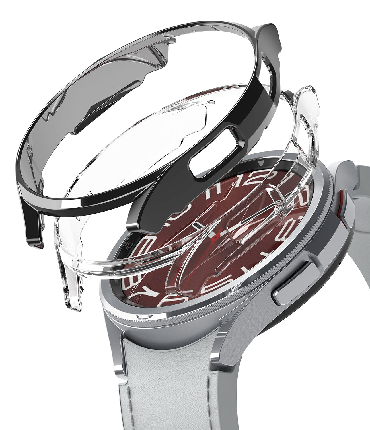 Galaxy Watch 6 Classic 43mm Case | Slim - Exploded view of a clear protective case hovering above a silver smartwatch.