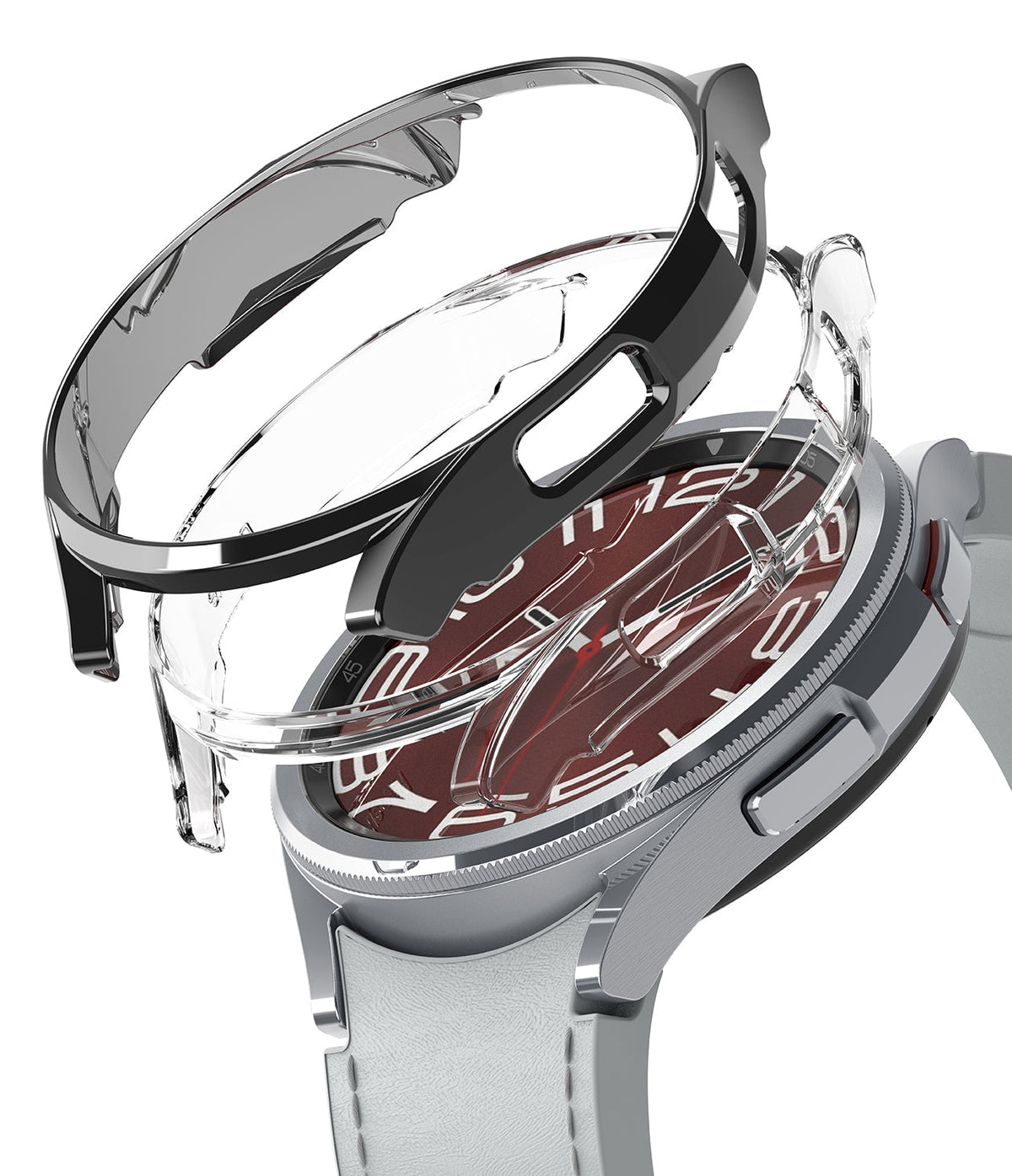 Galaxy Watch 6 Classic 43mm Case | Slim - Exploded view of a clear protective case hovering above a silver smartwatch.