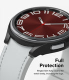 Galaxy Watch 6 Classic 47mm Case | Slim - Black protective case on a smartwatch with a white band and red watch face.
