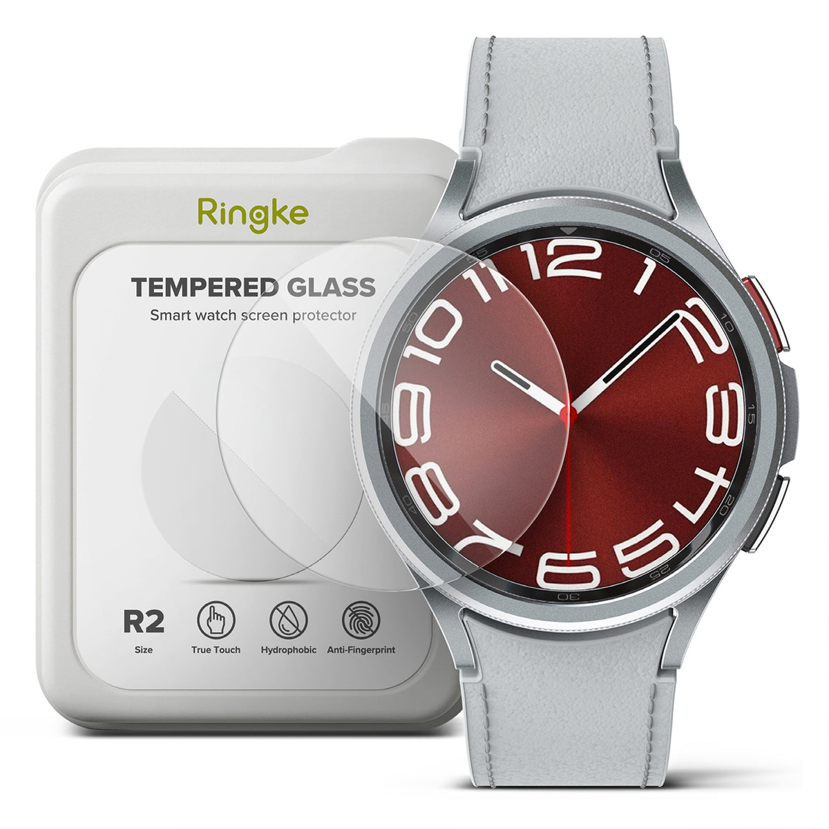 Galaxy Watch 6 Classic 43mm Screen Protector | Glass - R2 - Galaxy Watch 6 Classic 43mm Screen Protector - Tempered glass protector overlaying a silver smartwatch with a red dial.
