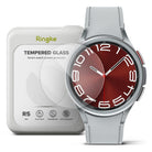 Galaxy Watch 6 Classic 47mm Screen Protector | Glass - R5 - Galaxy Watch 6 Classic 47mm Screen Protector - Ringke tempered glass protector next to a silver smartwatch with red face.