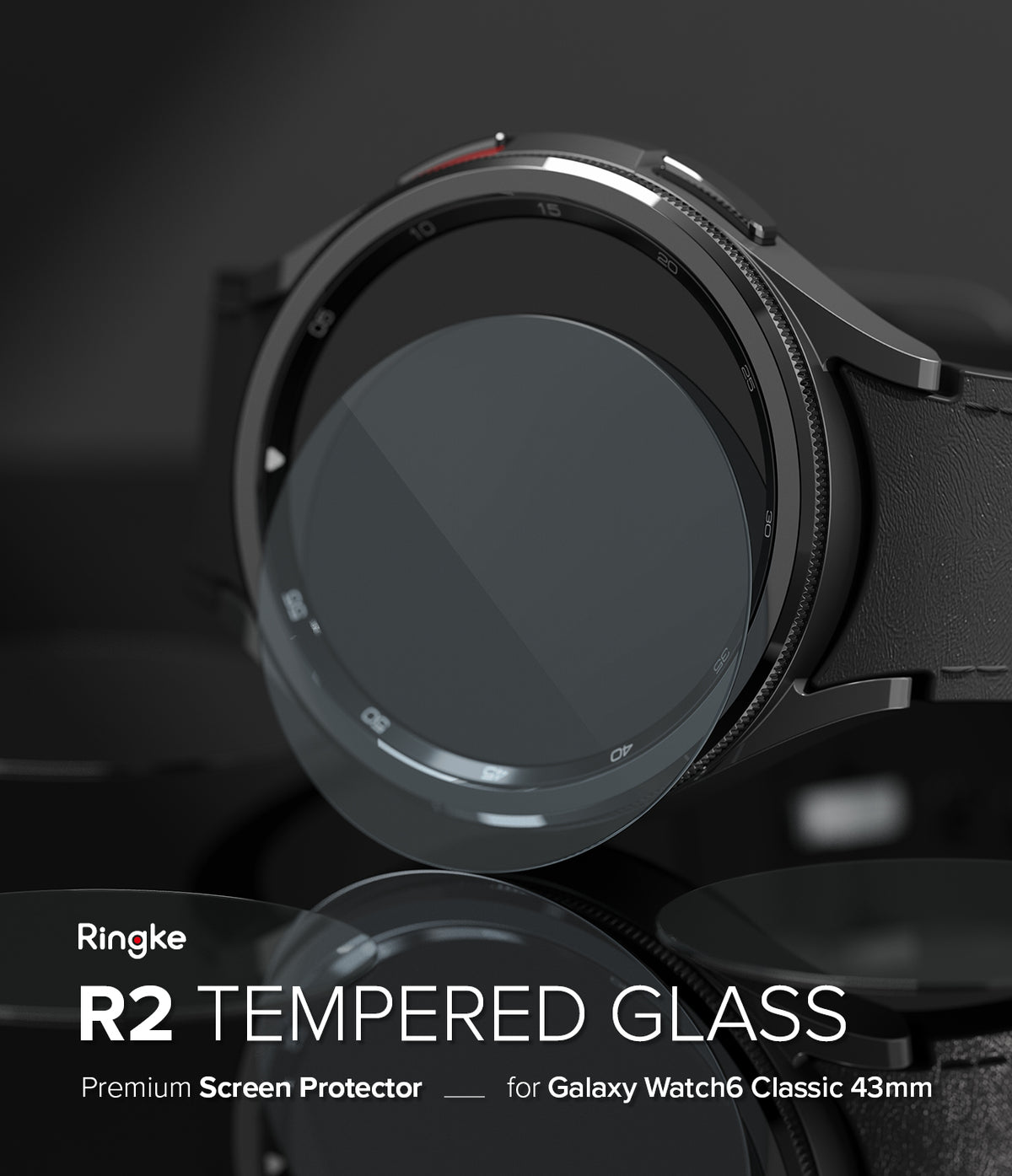 Galaxy Watch 6 Classic 43mm Screen Protector | Glass - R2 - Tempered glass screen protector hovering over a smartwatch.