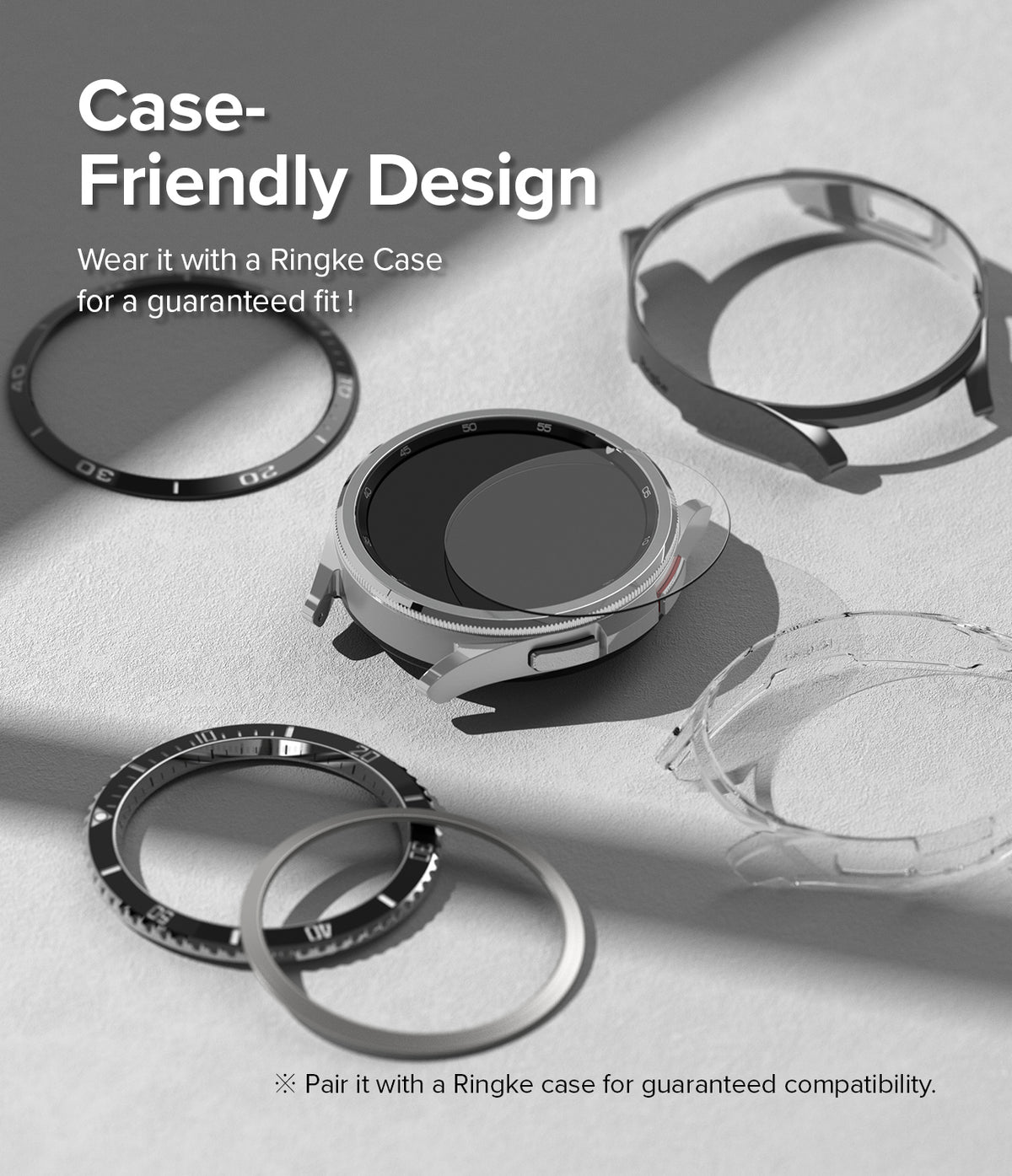 Galaxy Watch 6 Classic 43mm Screen Protector | Glass - R2 - Galaxy Watch 6 Classic 43mm Screen Protector - Smartwatch with glass protector surrounded by various Ringke cases.