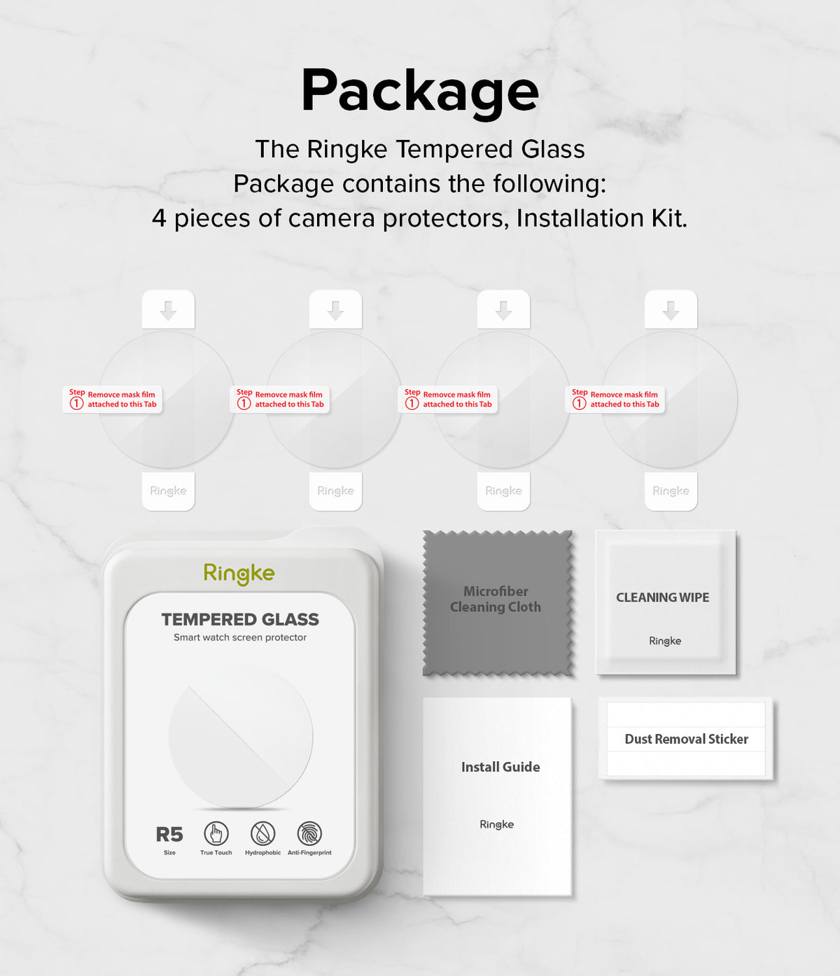 Galaxy Watch 6 Classic 47mm Screen Protector | Glass - R5 - Galaxy Watch 6 Classic 47mm Screen Protector - Four circular screen protectors, cleaning cloth, wipe, and install guide.