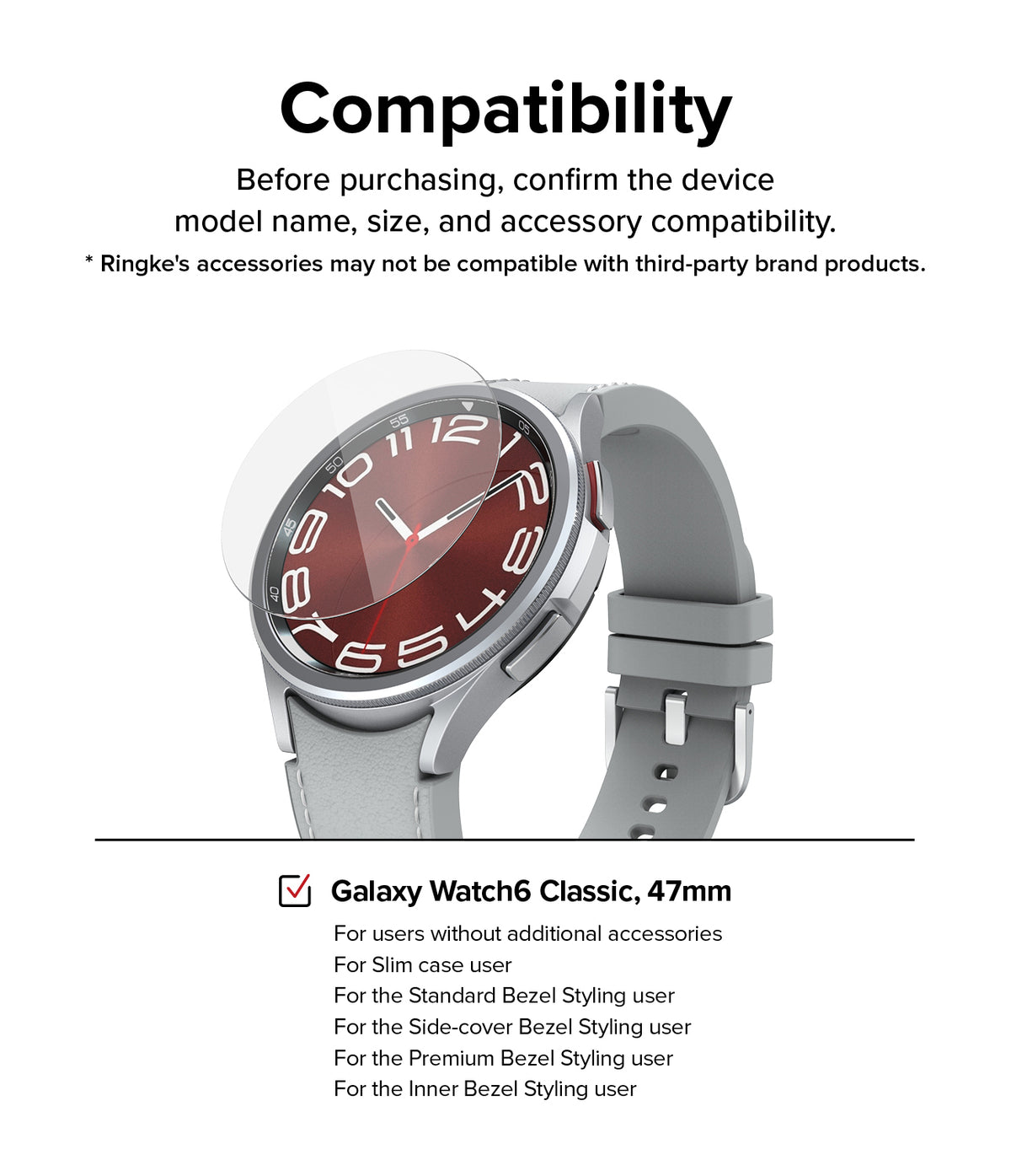Galaxy Watch 6 Classic 47mm Screen Protector | Glass - R5 - Galaxy Watch 6 Classic 47mm Screen Protector - Glass screen protector hovering over a silver Galaxy Watch 6 Classic.