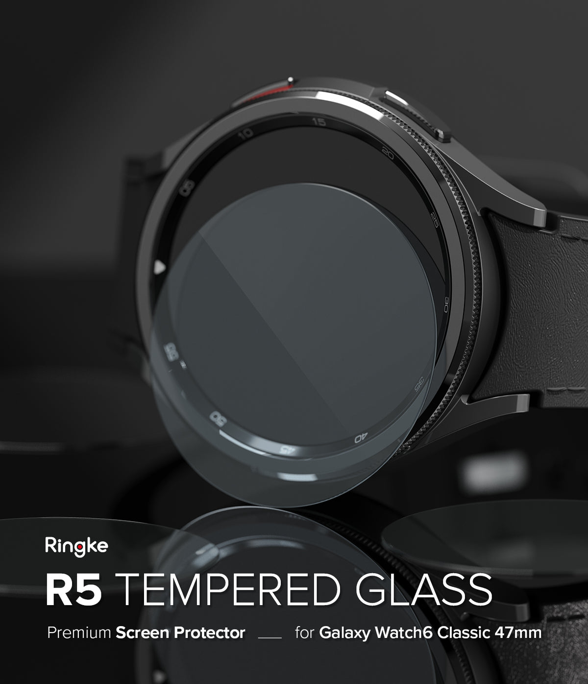 Galaxy Watch 6 Classic 47mm Screen Protector | Glass - R5 - Galaxy Watch 6 Classic 47mm Screen Protector - Tempered glass screen protector hovering over a black smartwatch face.