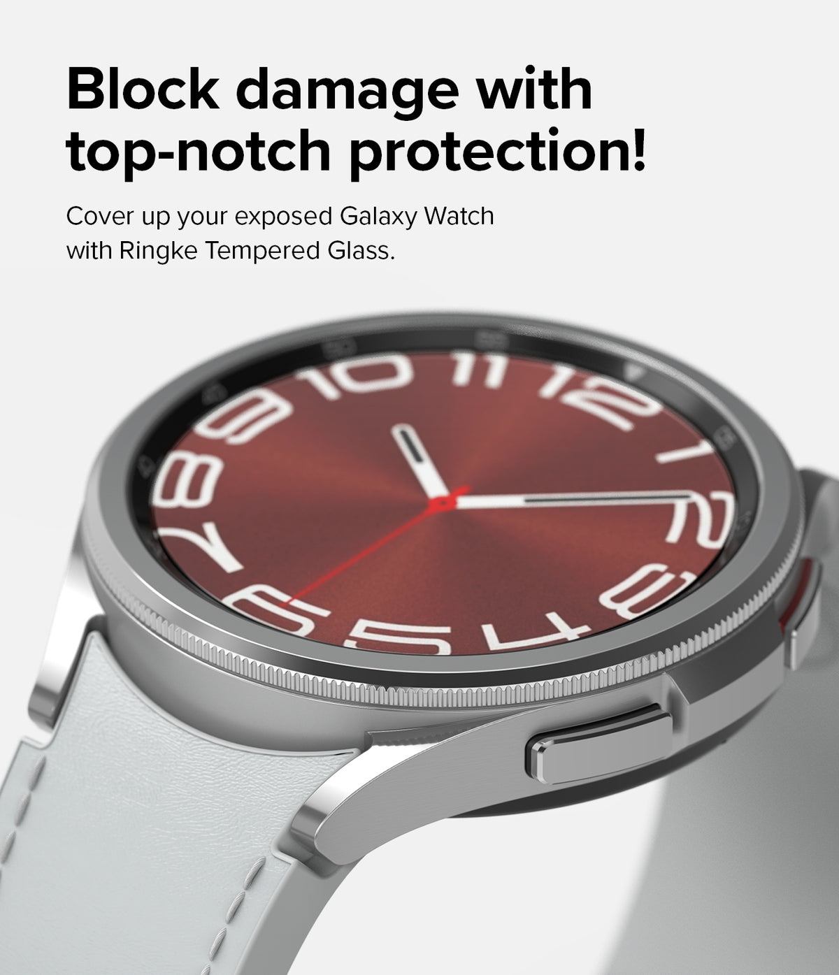 Galaxy Watch 6 Classic 43mm Screen Protector | Glass - R2 - Galaxy Watch 6 Classic 43mm Screen Protector - Close-up of a silver smartwatch with a red dial and protective glass.
