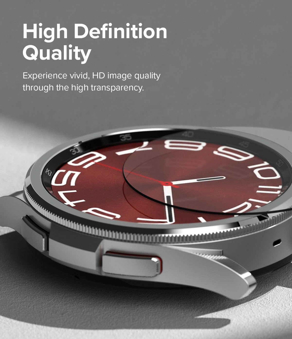 Galaxy Watch 6 Classic 43mm Screen Protector | Glass - R2 - Galaxy Watch 6 Classic 43mm Screen Protector - Transparent glass layer being applied to a silver smartwatch face.