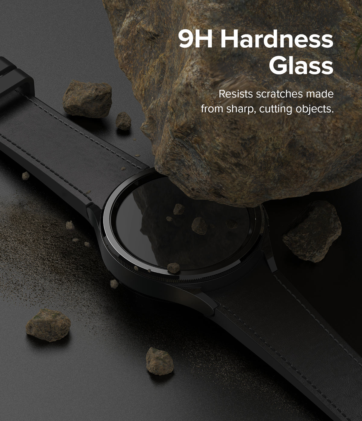 Galaxy Watch 6 Classic 43mm Screen Protector | Glass - R2 - A large rock rests on a smartwatch screen to show 9H hardness.