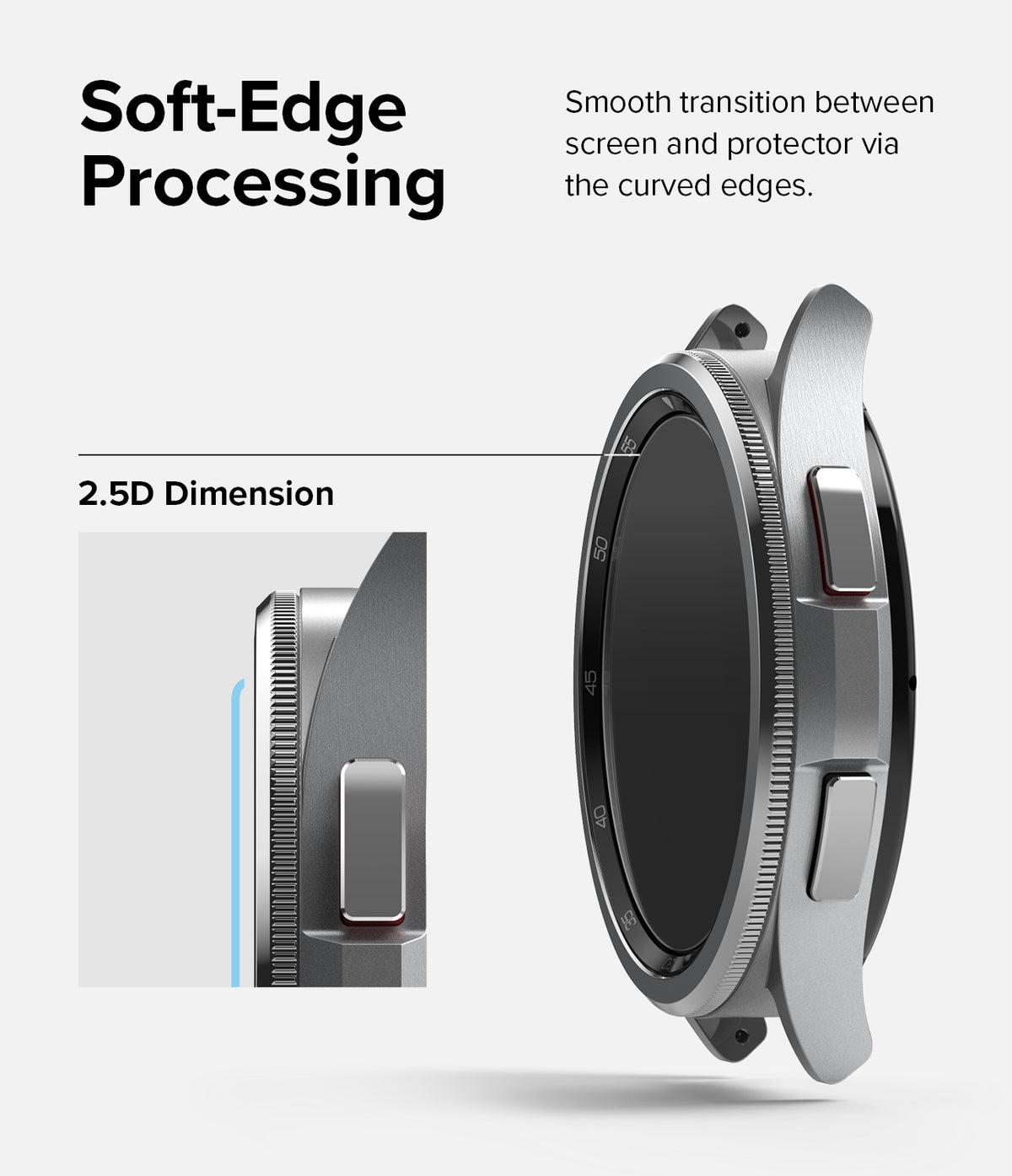 Galaxy Watch 6 Classic 43mm Screen Protector | Glass - R2 - Galaxy Watch 6 Classic 43mm Screen Protector - Side view of watch showing 2.5D curved glass edge and smooth transition.