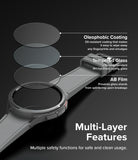 Galaxy Watch 6 Classic 43mm Screen Protector | Glass - R2 - Galaxy Watch 6 Classic 43mm Screen Protector - Exploded view of screen protector layers over a smartwatch.