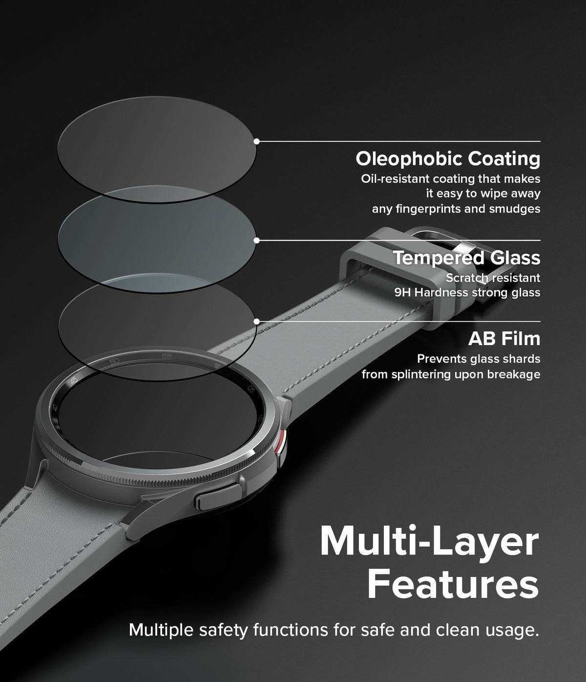 Galaxy Watch 6 Classic 47mm Screen Protector | Glass - R5 - Galaxy Watch 6 Classic 47mm Screen Protector - Exploded view of screen protector layers over a smartwatch.