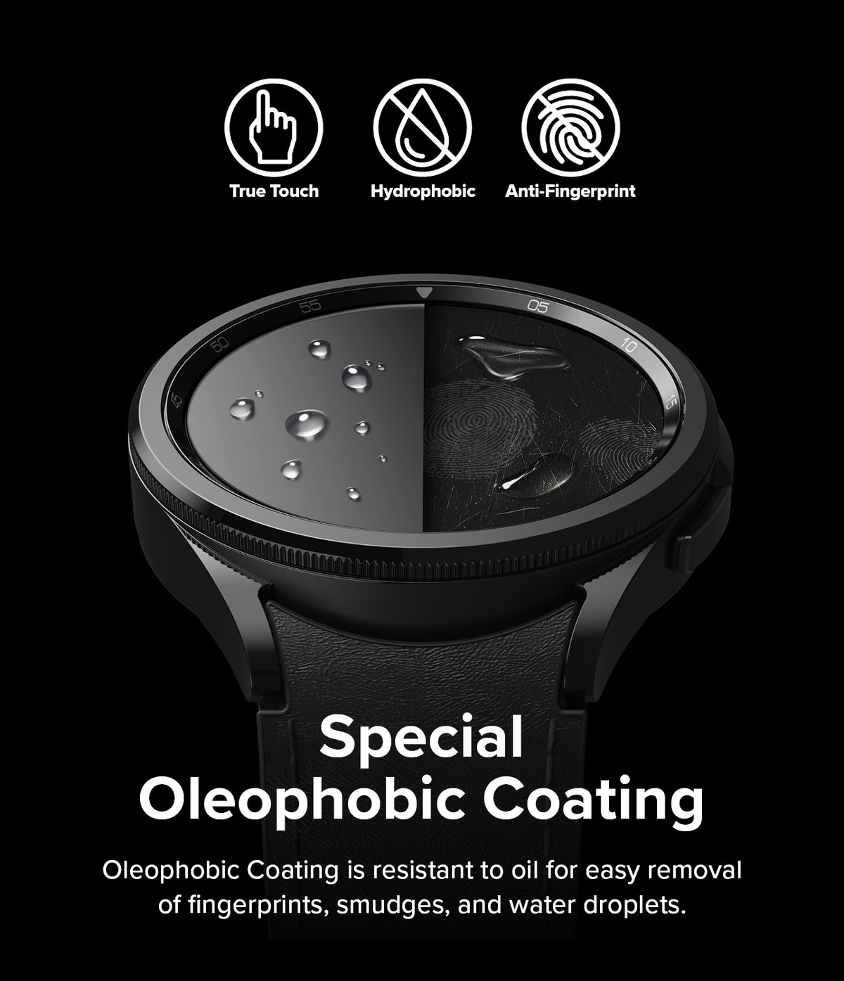 Galaxy Watch 6 Classic 43mm Screen Protector | Glass - R2 - Galaxy Watch 6 Classic 43mm Screen Protector - Watch face showing water-repellent coating versus smudged glass surface.