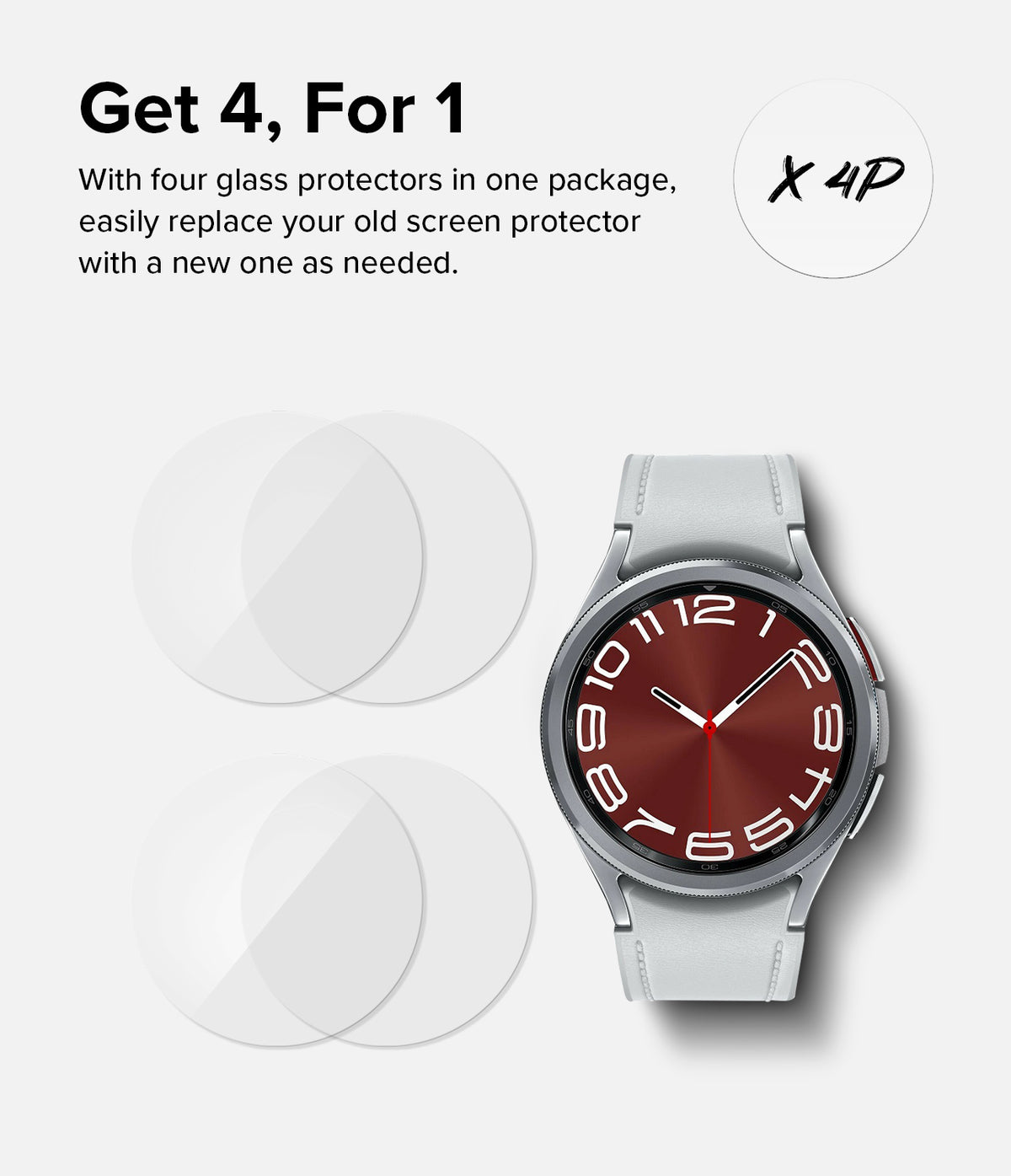 Galaxy Watch 6 Classic 43mm Screen Protector | Glass - R2 - Galaxy Watch 6 Classic 43mm Screen Protector - Four circular glass protectors next to a silver smartwatch with a red dial.