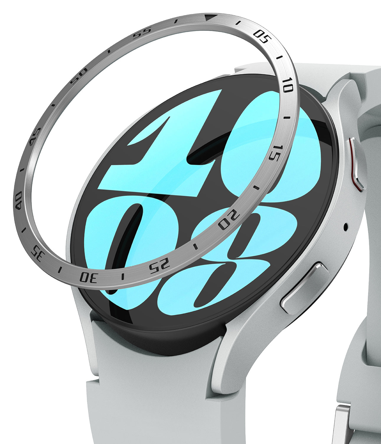 Galaxy Watch 6 40mm | Bezel Styling - Silver metal bezel ring hovering above a white smartwatch with a digital clock face.