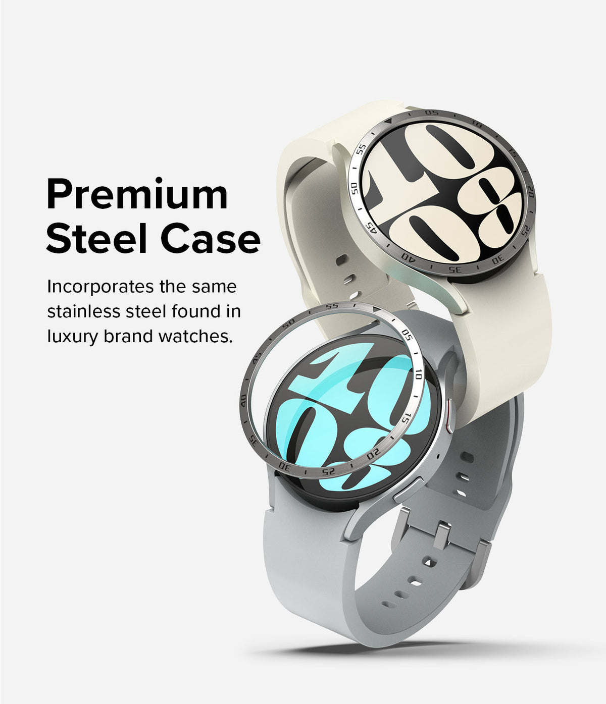 Galaxy Watch 6 40mm | Bezel Styling - Two Galaxy Watch 6 units with stainless steel bezel rings and silicone bands.