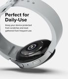 Galaxy Watch 6 40mm | Bezel Styling - Galaxy Watch 6 40mm - Close-up of a smartwatch with a silver bezel protector and white band against a white background.