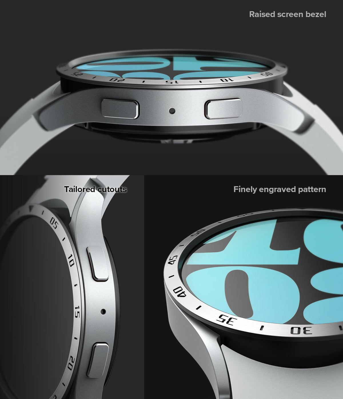 Galaxy Watch 6 40mm | Bezel Styling - Close-up of silver watch bezel showing raised edges, tailored cutouts, and engraved markings.