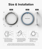 Galaxy Watch 6 40mm | Bezel Styling - Technical diagram showing dimensions and three-step installation guide for the bezel.