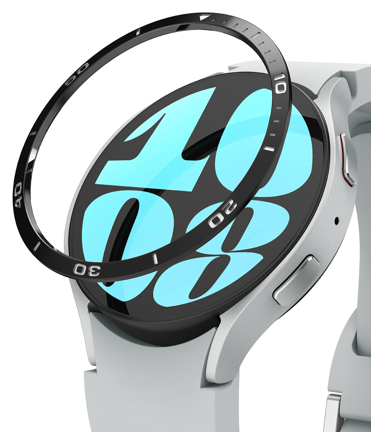 Galaxy Watch 6 40mm | Bezel Styling - A black adhesive bezel ring hovering above a silver Galaxy Watch 6 with a blue digital face.