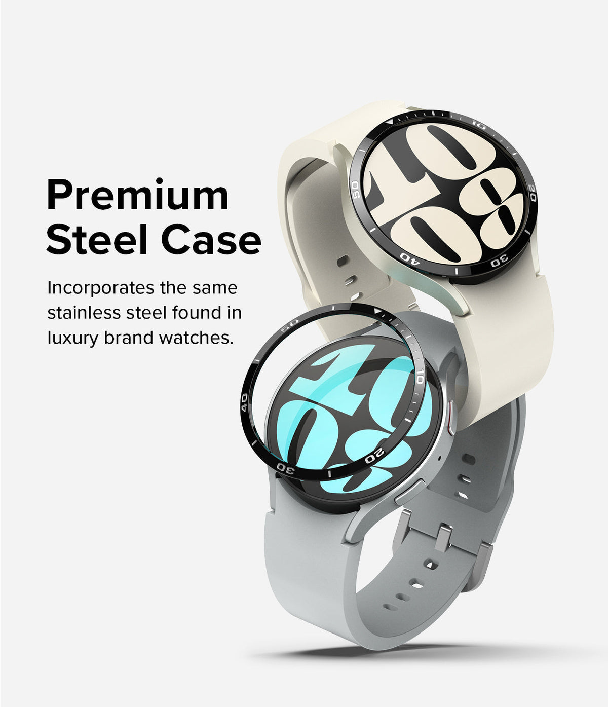 Galaxy Watch 6 40mm | Bezel Styling - Two Galaxy Watch 6 units with black stainless steel bezels and silicone bands.