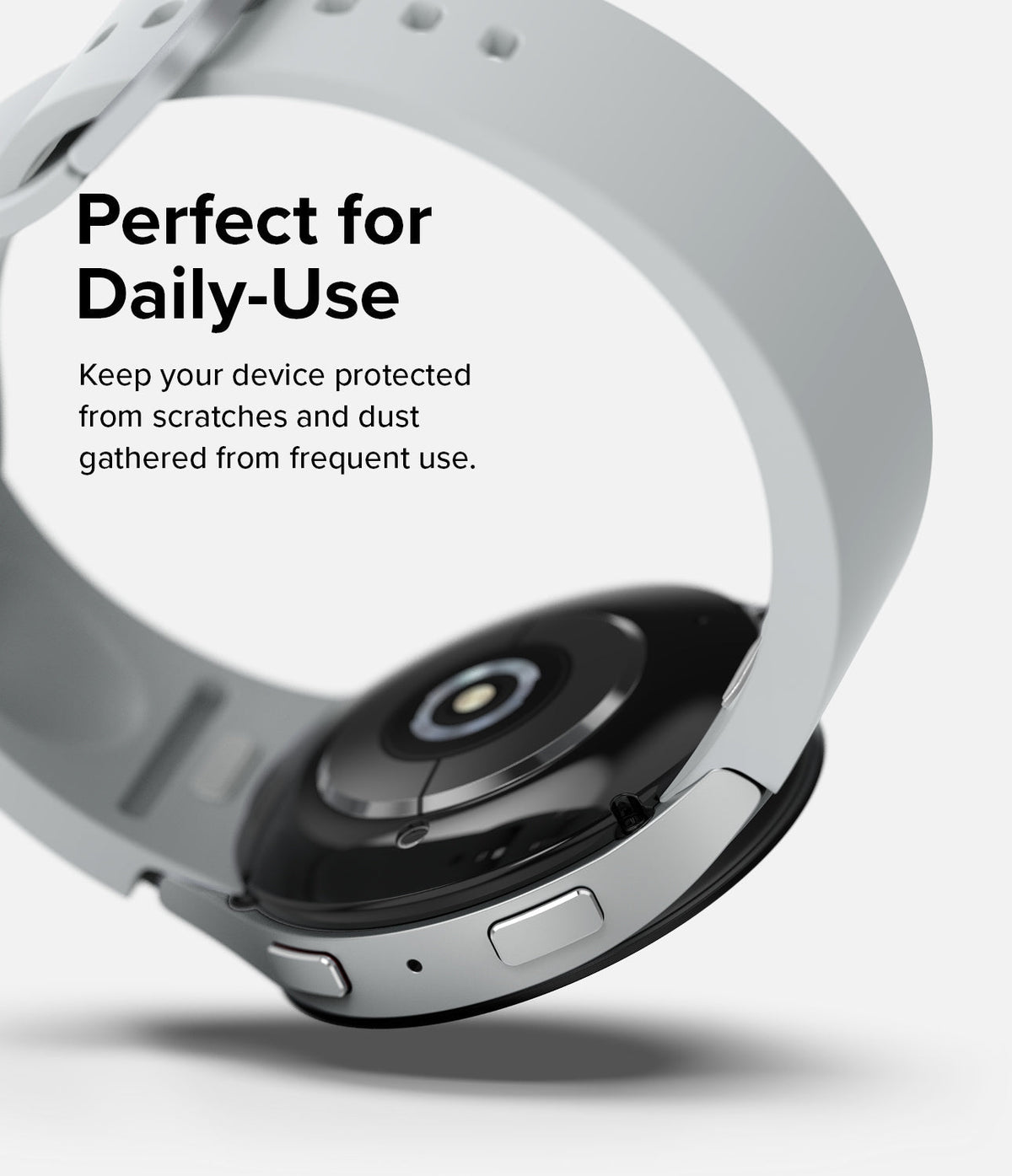 Galaxy Watch 6 40mm | Bezel Styling - Close-up of a silver smartwatch with a white band, highlighting its protective design.