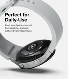 Galaxy Watch 6 40mm | Bezel Styling - Close-up of a silver smartwatch with a white band, highlighting its protective design.